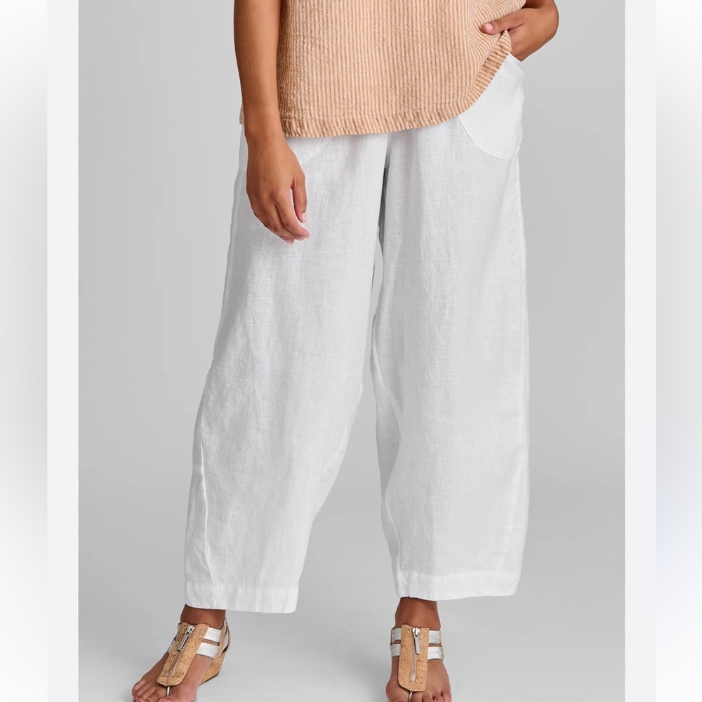 Flax Linen Crop Pants Women’s L (14-18) White Pull On Pockets Lagenlook Boho
